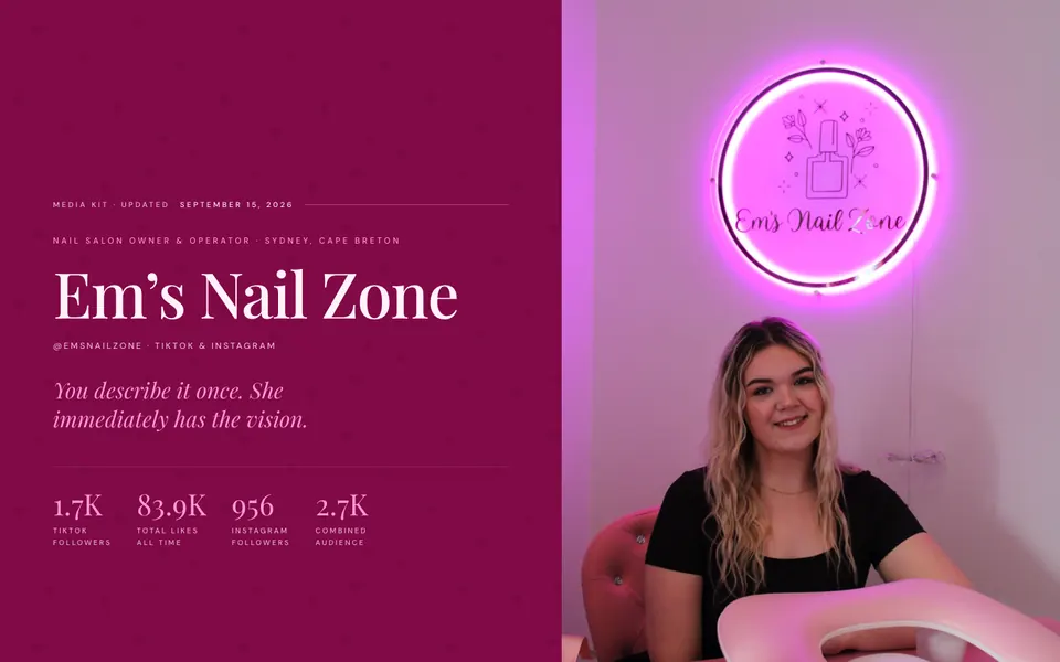 Live media kit for Em’s Nail Zone, nail salon owner & operator